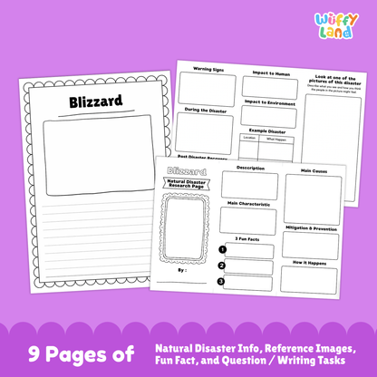 Printable blizzard research project pack for students featuring a main blizzard information page, characteristics and description sections, photo-based learning pages, causes and prevention worksheets, impacts and recovery activities, and structured research templates for elementary and middle school.