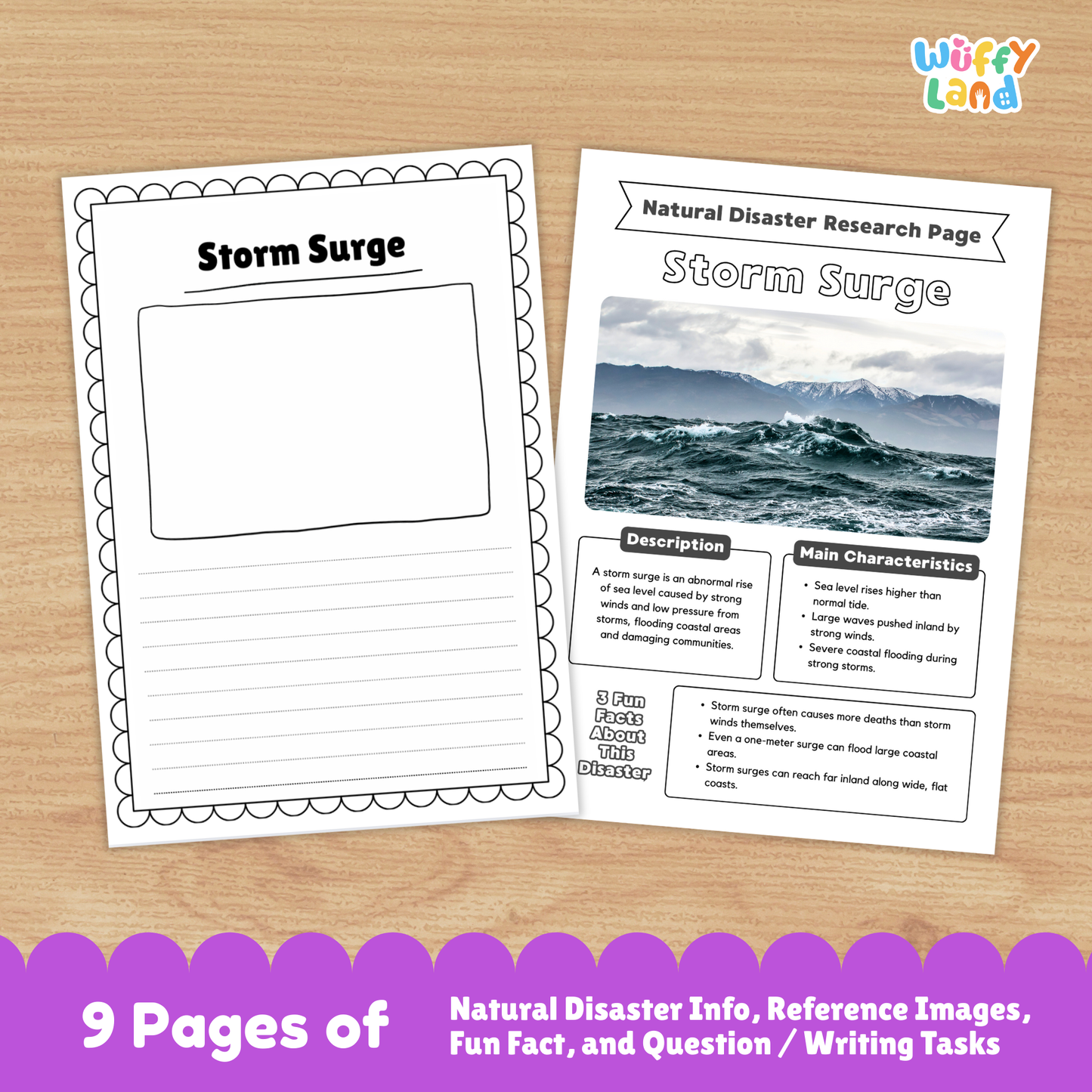 Printable blizzard research project pack for students featuring a main blizzard information page, characteristics and description sections, photo-based learning pages, causes and prevention worksheets, impacts and recovery activities, and structured research templates for elementary and middle school.