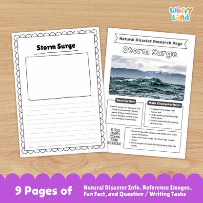 Printable blizzard research project pack for students featuring a main blizzard information page, characteristics and description sections, photo-based learning pages, causes and prevention worksheets, impacts and recovery activities, and structured research templates for elementary and middle school.