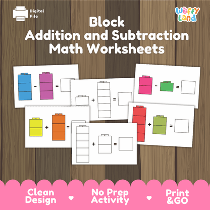 Block addition and subtraction math worksheets printable pack overview from Wuffy Land featuring colorful and line art building block cards 🧱🔢