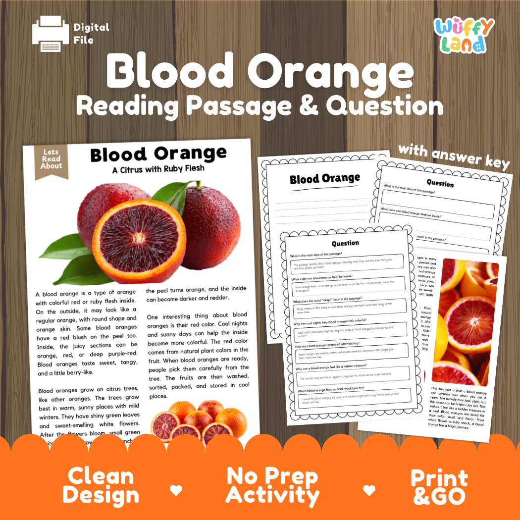 Blood orange reading comprehension passage and questions printable activity pack with answer key for elementary students