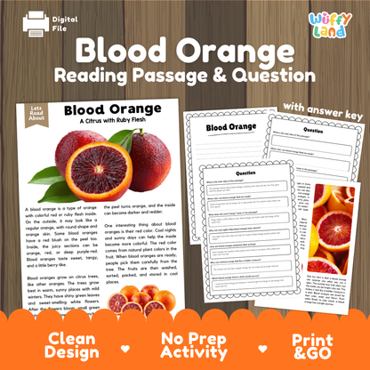 Blood orange reading comprehension passage and questions printable activity pack with answer key for elementary students