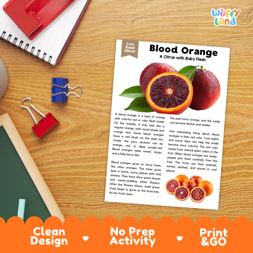 Student reading comprehension worksheet with short-answer questions and lined sections about blood oranges
