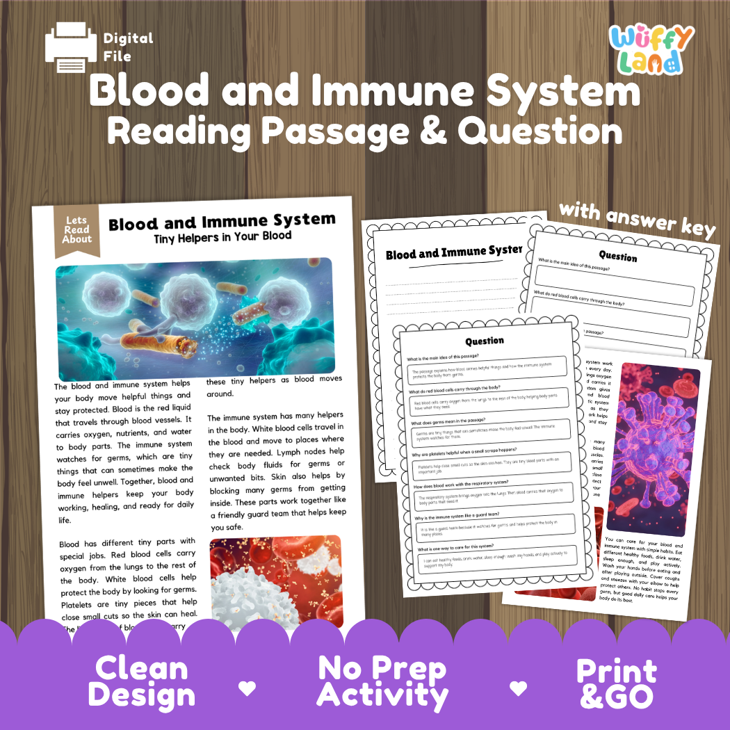 Blood and immune system reading comprehension passage and questions printable activity pack with answer key for elementary students