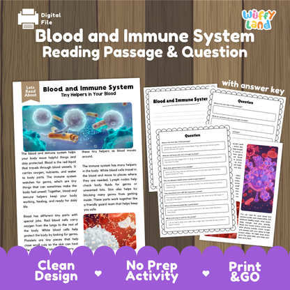Blood and immune system reading comprehension passage and questions printable activity pack with answer key for elementary students