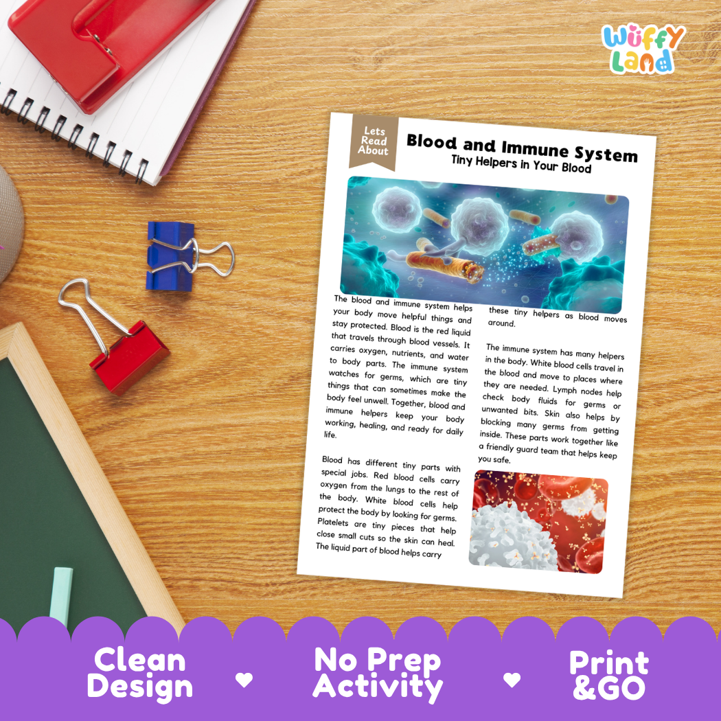 Student reading comprehension worksheet with short-answer questions and lined sections about the blood and immune system