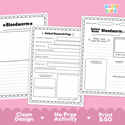 Bloodworm Animal Research Page and Worksheets