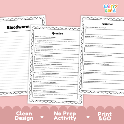 Bloodworm Reading Passage and Comprehension Questions with Answer Key Worksheets