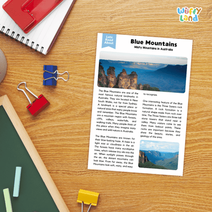 Lined reading comprehension question worksheet covering main ideas vocabulary terms and landmark facts about the Blue Mountains
