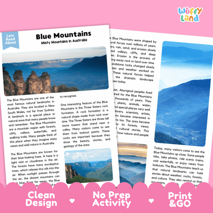Reference sheet and answer key for Blue Mountains landmark reading passage displaying completed comprehension answers and Australian geography facts