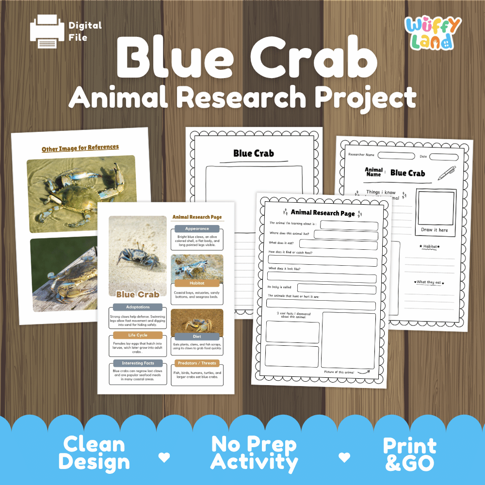 Blue Crab Animal Research Project and Worksheets Print and Go Activity