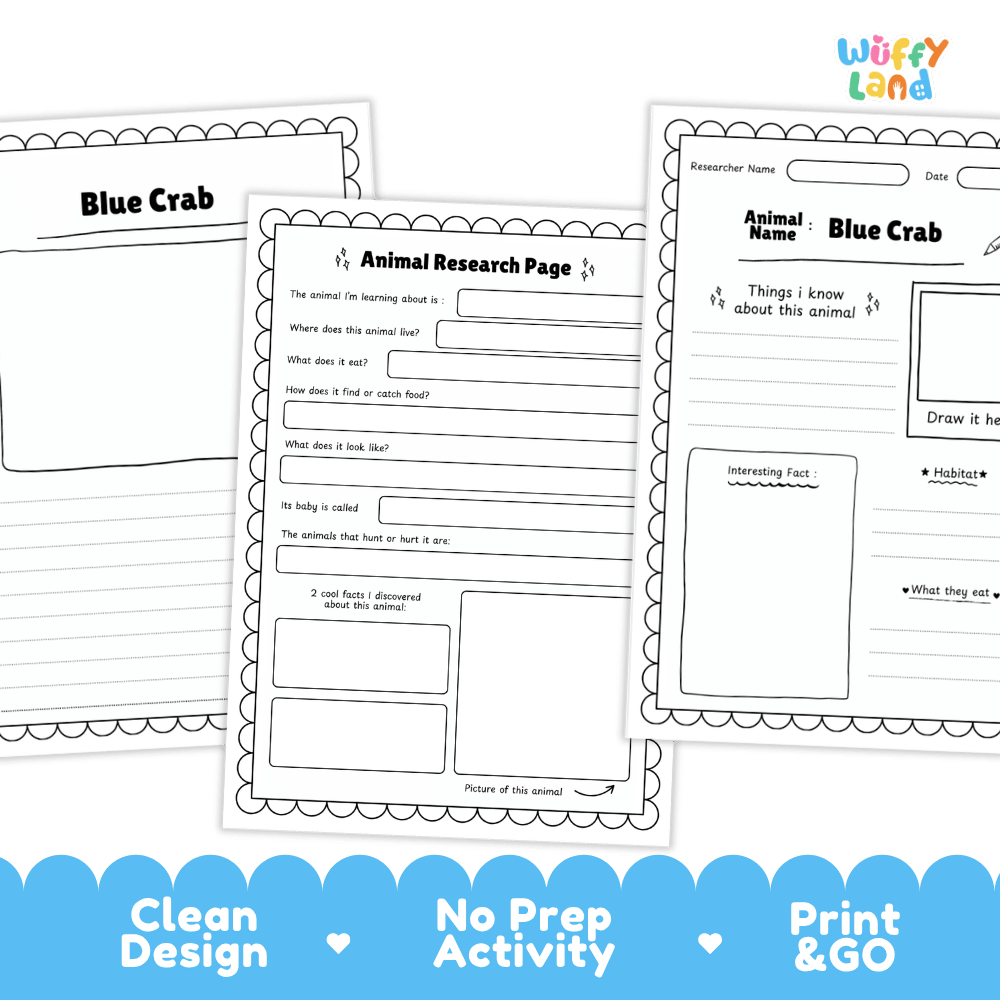 Blue Crab Animal Research Project and Worksheets Print and Go Activity