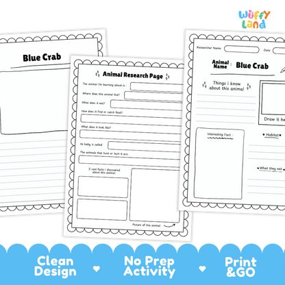 Blue Crab Animal Research Project and Worksheets Print and Go Activity