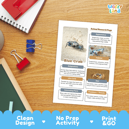 Blue Crab Animal Research Project and Worksheets Print and Go Activity