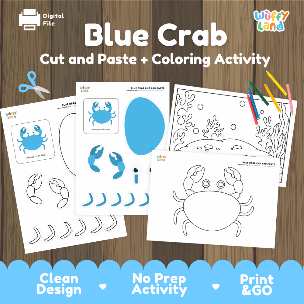 Blue Crab Cut and Paste Craft and Coloring Activity Worksheets