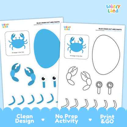 Blue Crab Cut and Paste Craft and Coloring Activity Worksheets