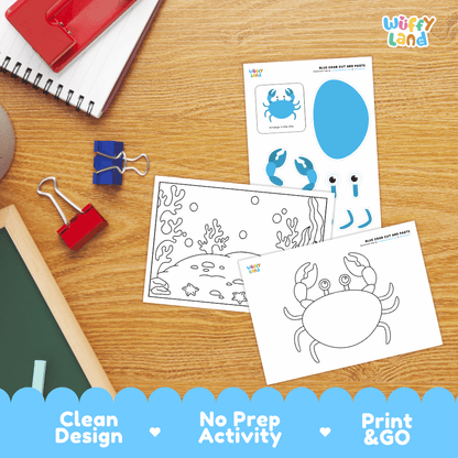 Blue Crab Cut and Paste Craft and Coloring Activity Worksheets