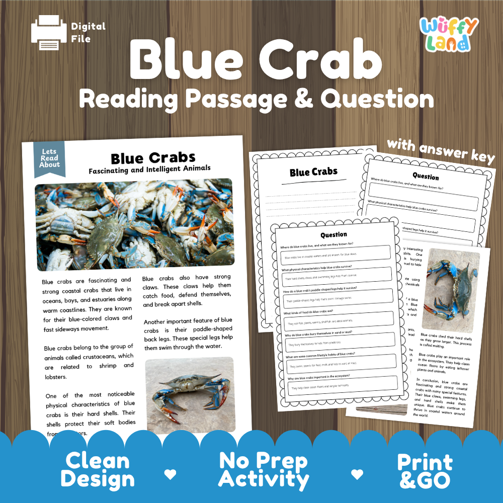 Blue Crab Reading Passage and Comprehension Questions Worksheets