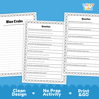 Three printable worksheet pages for a blue crab science activity are shown on a bright blue background. The pages have black scalloped borders and printed text including headings like 'Blue Crabs' and 'Question' with fill-in lines.