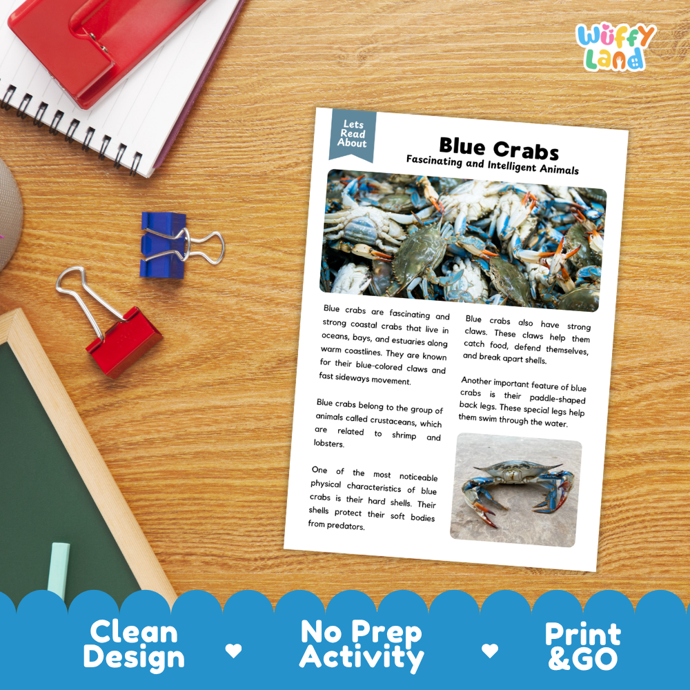 Blue Crab Reading Passage and Comprehension Questions Worksheets