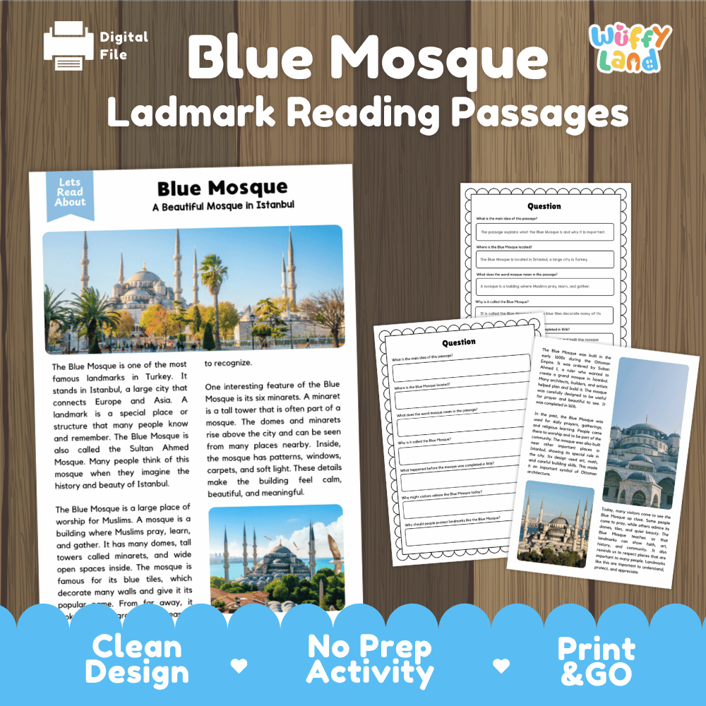 Blue Mosque Landmark Reading Passages and Comprehension Worksheets