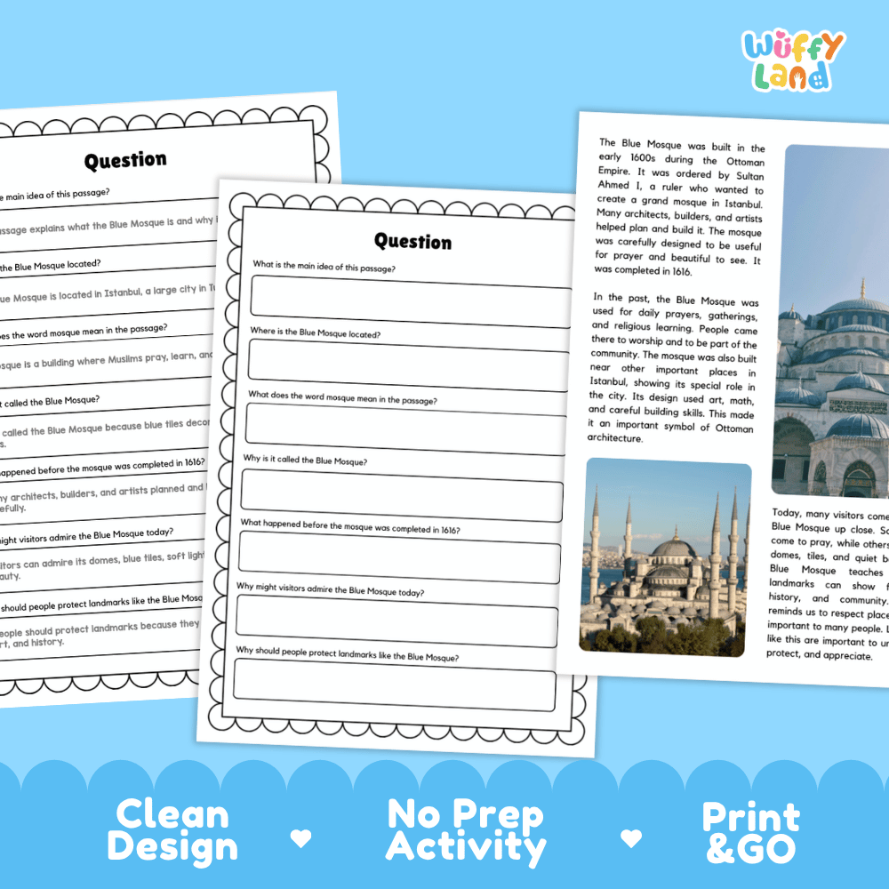 Blue Mosque Landmark Reading Passages and Comprehension Worksheets