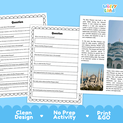 Blue Mosque Landmark Reading Passages and Comprehension Worksheets