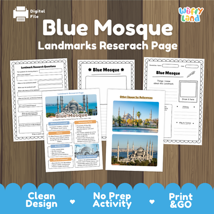 Digital worksheet cover for a 'Blue Mosque Landmarks Research Page' by Wiffy Land, displayed on a wood-grain background with sample pages and a blue banner at the bottom.