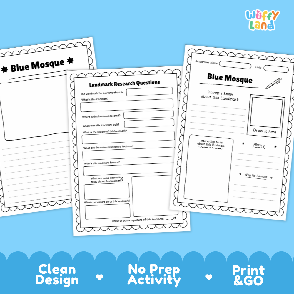 Three printable worksheet pages about the Blue Mosque in Jerusalem, shown on a bright blue background with the text 'Clean Design', 'No Prep Activity', and 'Print & GO'. The pages include title cards, research questions, and writing/drawing sections.