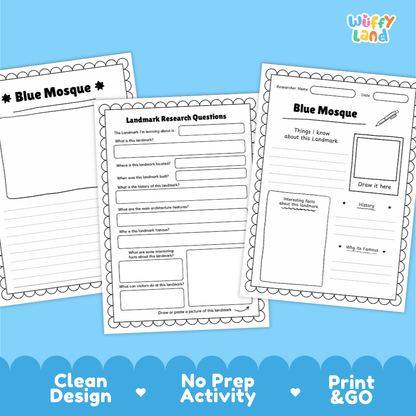 Three printable worksheet pages about the Blue Mosque in Jerusalem, shown on a bright blue background with the text 'Clean Design', 'No Prep Activity', and 'Print & GO'. The pages include title cards, research questions, and writing/drawing sections.