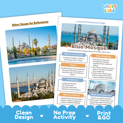 An educational activity sheet titled 'Blue Mosque Landmark Research Page' from the brand 'Wiffly Land', featuring a color-coded layout with a color block, location, history, architecture, and visitor tips. The sheet is displayed on a light blue background alongside a reference photo of the Blue Mosque.