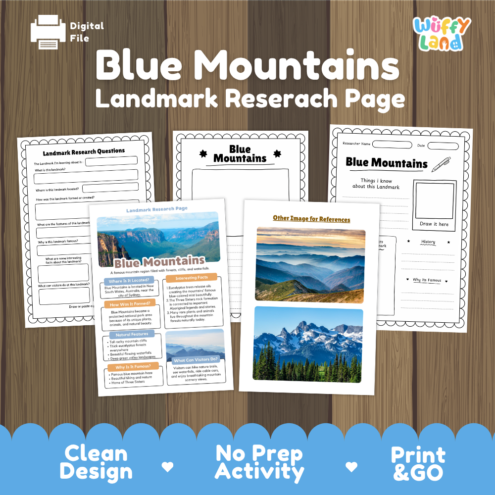Digital worksheet set titled 'Blue Mountains Landmark Research Page' shown on a wood-textured background with several printable activity pages and a blue banner at the bottom reading 'Clean Design', 'No Prep Activity', and 'Print & GO'.