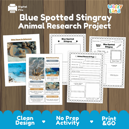 Blue Spotted Stingray Animal Research Project and Worksheets Print and Go Activity