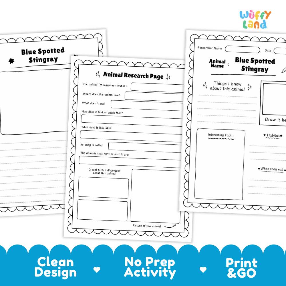 Blue Spotted Stingray Animal Research Project and Worksheets Print and Go Activity