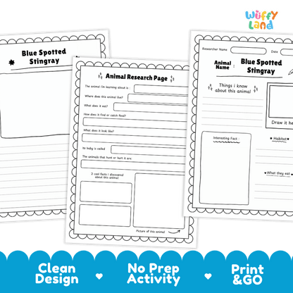 Blue Spotted Stingray Animal Research Project and Worksheets Print and Go Activity