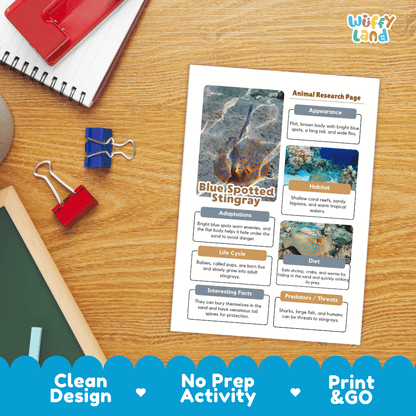 Blue Spotted Stingray Animal Research Project and Worksheets Print and Go Activity