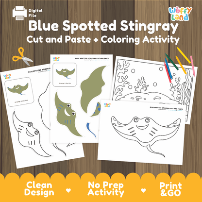 Blue Spotted Stingray Cut and Paste Craft and Coloring Activity Worksheets