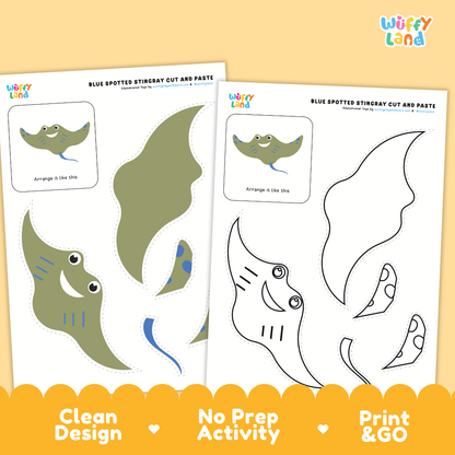 Blue Spotted Stingray Cut and Paste Craft and Coloring Activity Worksheets