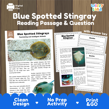 Digital reading activity product cover for 'Blue Spotted Stingray Reading Passage & Question' by Wiffly Land, featuring sample pages with a blue and white stingray photo, text passages, and worksheet questions on a wood background with blue banner accents.