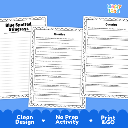 Three printable educational activity sheets about blue spotted stingrays are shown on a blue background with marketing text at the bottom. The sheets include a title, several question boxes, and decorative scalloped borders.