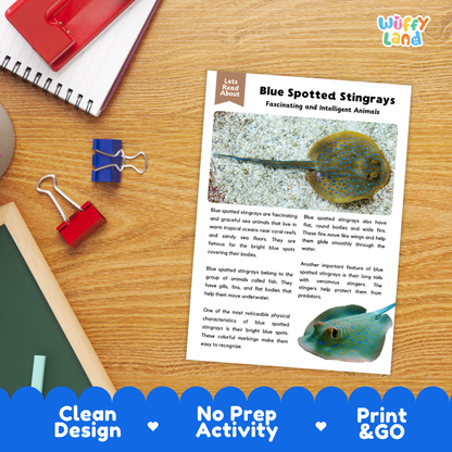 An educational activity sheet titled 'Blue Spotted Stingrays' laid flat on a wooden desk, surrounded by a red notebook, binder clips, and a spiral notebook. The sheet features text, illustrations of blue-spotted stingrays, and a colorful blue banner at the bottom with the text 'Clean Design', 'No Prep Activity', and 'Print & GO'.