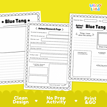 Blue Tang Animal Research Page Worksheets and Fact Sheet