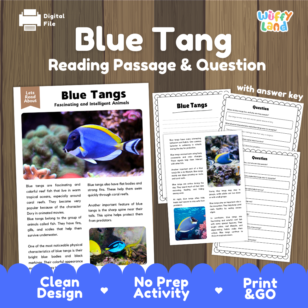 Digital reading activity product cover for 'Blue Tang' by Wiffly Land, showing a printed lesson page with blue tang photos and text, answer key pages, and promotional text on a wood background with blue banners at the bottom.