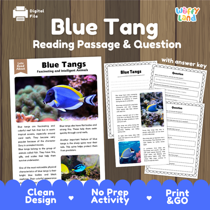 Digital reading activity product cover for 'Blue Tang' by Wiffly Land, showing a printed lesson page with blue tang photos and text, answer key pages, and promotional text on a wood background with blue banners at the bottom.