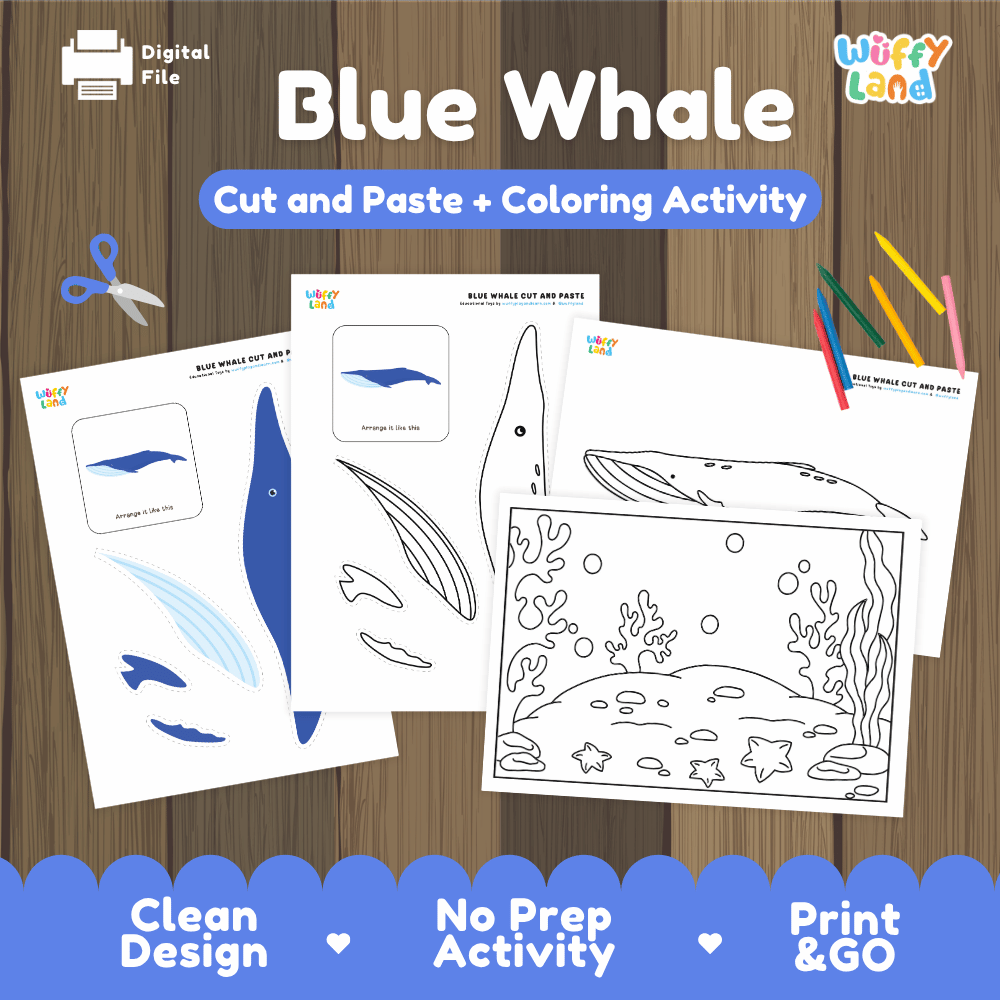 Blue Whale Cut and Paste Craft and Coloring Pages Activity Worksheets