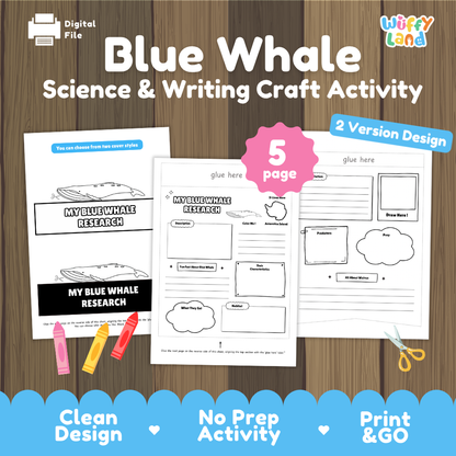 Promotional graphic for a digital 'Blue Whale Science & Writing Craft Activity' by Wiffy Land, showing sample printable pages on a wood background with blue banners at the bottom.