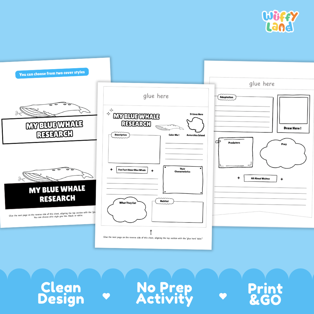 Three printable worksheet pages for a blue whale research activity are shown on a light blue background with decorative text reading 'Clean Design', 'No Prep Activity', and 'Print & GO'. The center page has fields for description, place, date, questions, and a cloud for writing, while the side pages show additional layout areas.
