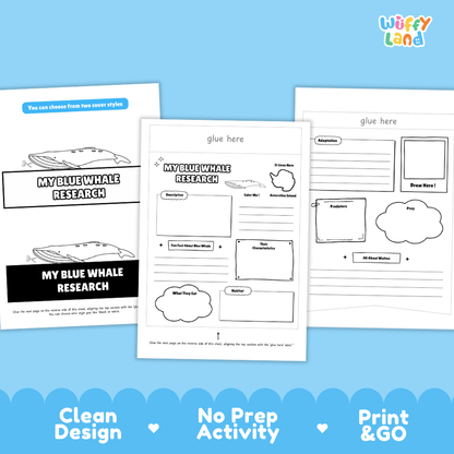 Three printable worksheet pages for a blue whale research activity are shown on a light blue background with decorative text reading 'Clean Design', 'No Prep Activity', and 'Print & GO'. The center page has fields for description, place, date, questions, and a cloud for writing, while the side pages show additional layout areas.