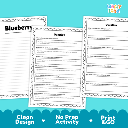 Informational reading passage page detailing blueberry fruit bush growth flowers harvesting and recipes with photos