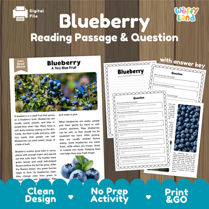 Blueberry reading comprehension passage and questions printable activity pack with answer key for elementary students